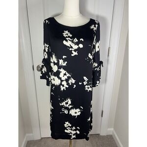 Women's H&M Knee Length Shift Dress 3/4 Sleeve Floral Black White Size 8